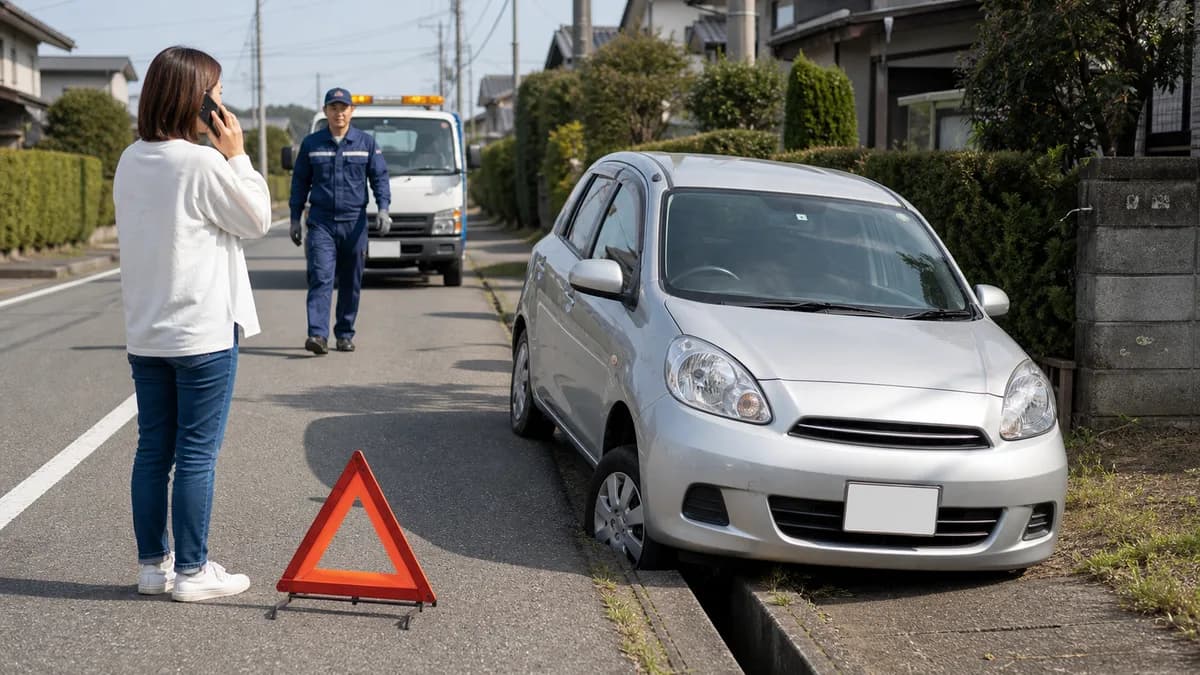 脱輪した車のハザード点灯と安全確保を示すロードサービス向けイラスト