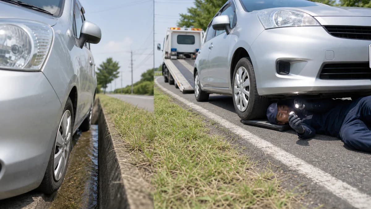 脱輪、落輪、車輪脱落の違いを車の状態で示したイラスト