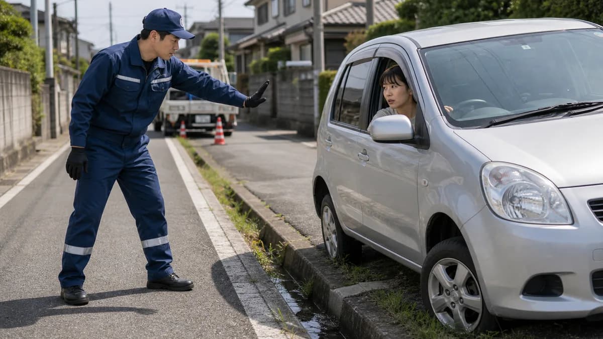 急アクセルや無理なロープ掛けなど脱輪時のNG行動を示すイラスト
