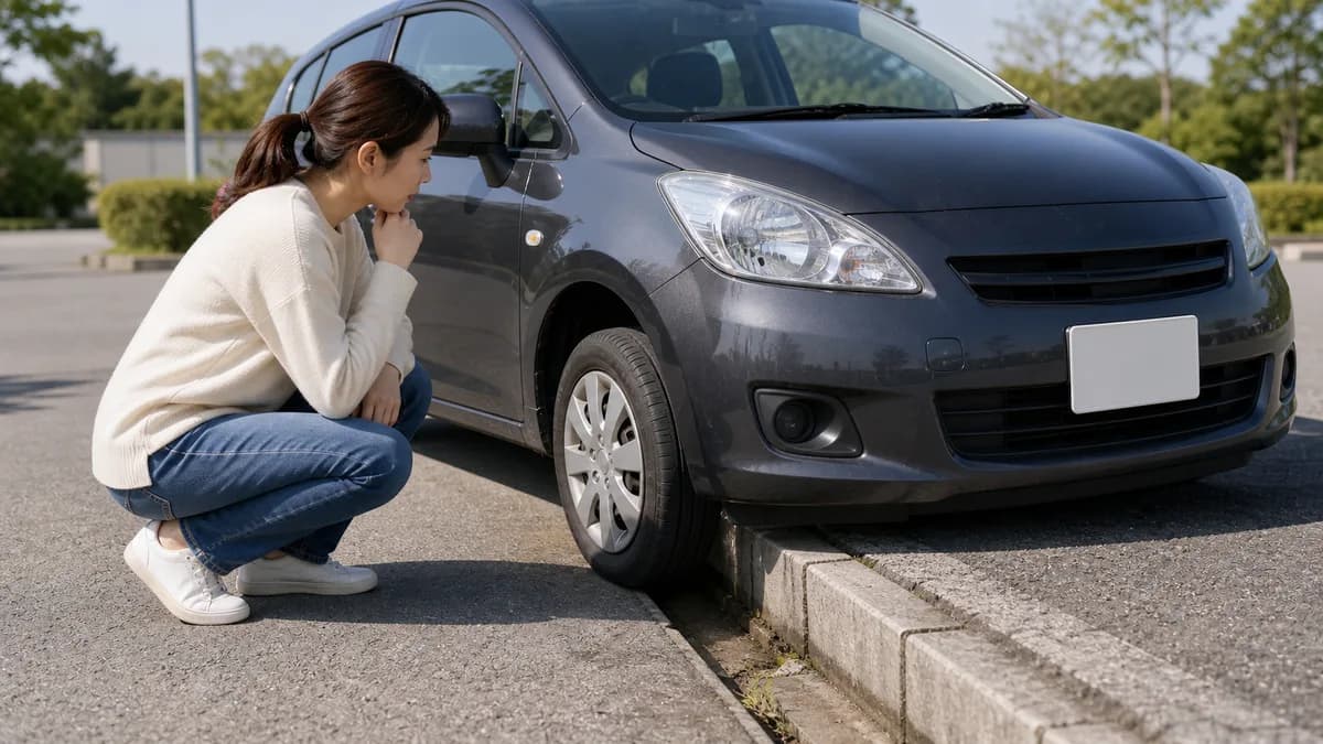 浅い脱輪で車体が接触していないか安全に確認している様子